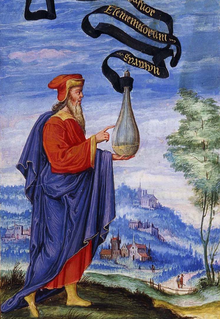 Alchimiste philosophe portant un flacon, <em>Splendor Solis</em> (1577)