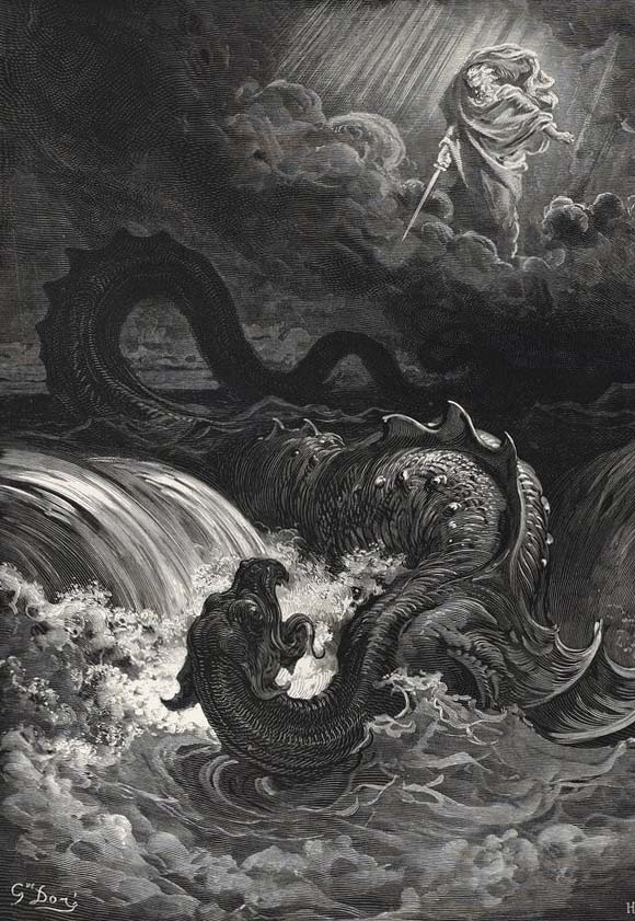 God killing Leviathan, <em>The Holy Bible</em>, by Gustave Doré (1866)