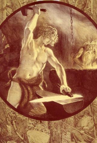 Siegfried forging his sword, <i>The Ring of the Nibelung</i> by Richard Wagner, illustrated by Franz Stassen (20th century)
