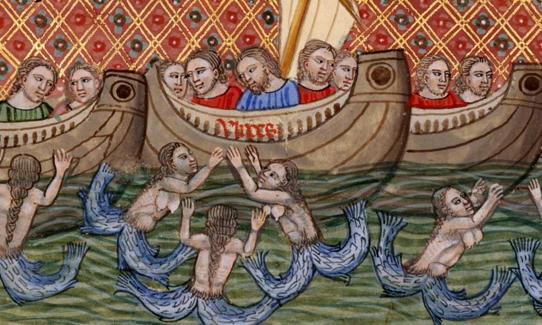 Ulysses seduced by mermaids, <i>Roman de Troie (The Romance of Troy)</i>, <i>Roman de Troie (The Romance of Troy)</i>, written by Benoît de Sainte-Maure and illuminated by Turlon, 1340-1350