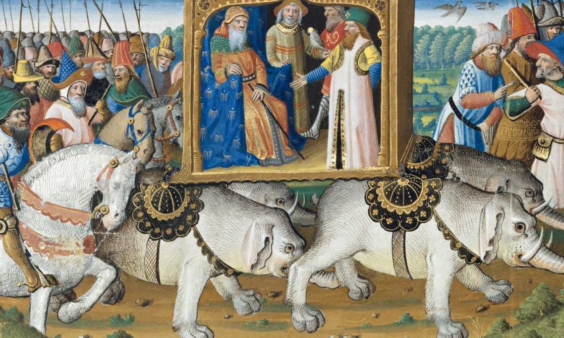 Kubilaï Khan partant chasser au faucon, <i>Le Devisement du monde</i> ou <i>Livre des Merveilles</i>, écrit par Marco Polo et enluminé par Evrard d'Espinques (vers 1470)