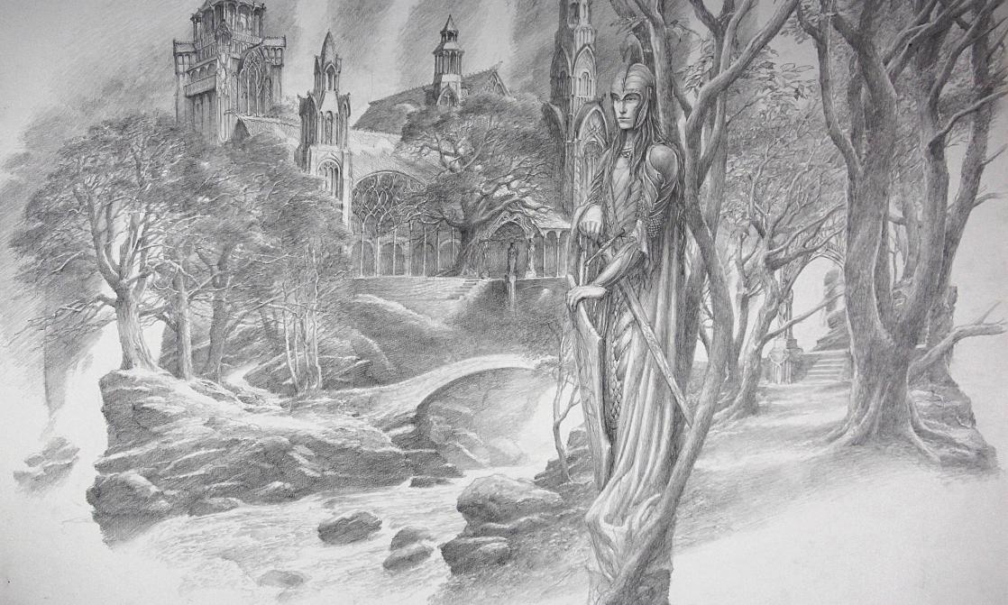 Majestic elf in front of Rivendell Palace, drawing by Alan Lee, after <i>The Lord of the Rings</i> by J.R.R. Tolkien (2019)