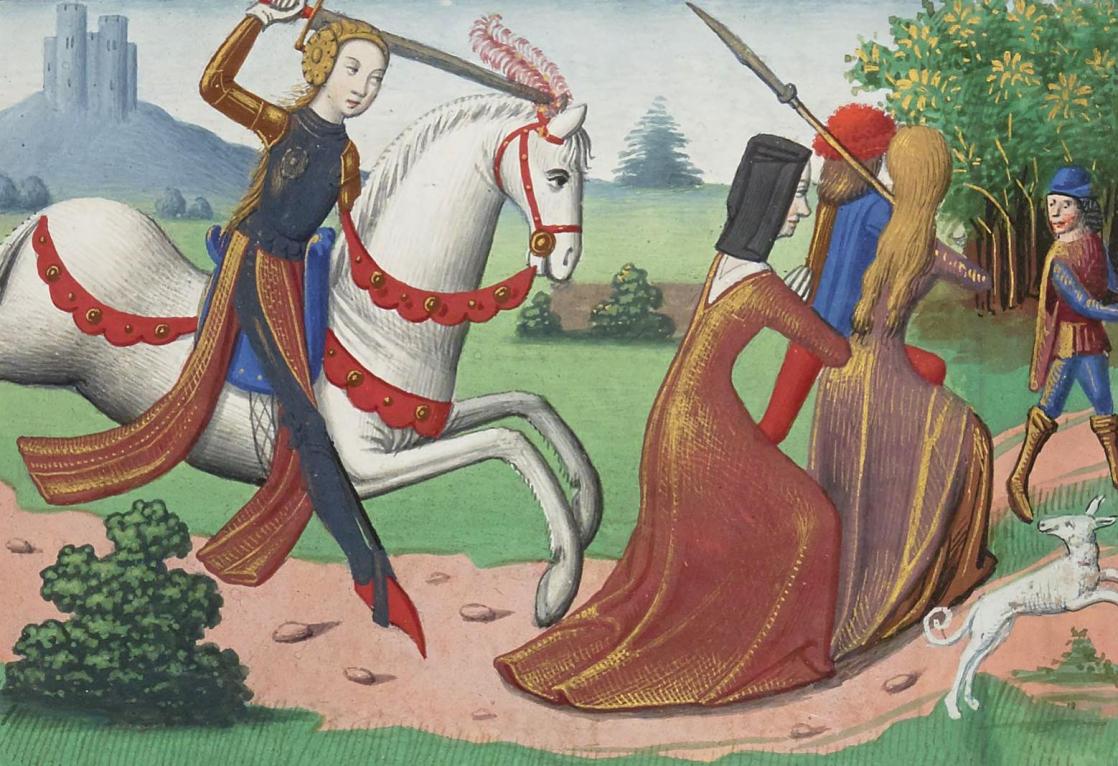 <i>Jeanne d'Arc frappe les filles de joie</i>, <i>Vigiles de Charles VII</i>, écrit par Martial d'Auvergne, enluminé par le Cercle de François Le Barbier fils et Jean Bourdichon (1484-1485)