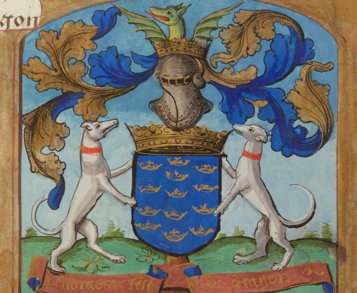 Armes d'Arthur Pendragon teste de dragon, <i>Armorial des chevaliers de la Table ronde</i> (1485-1495)